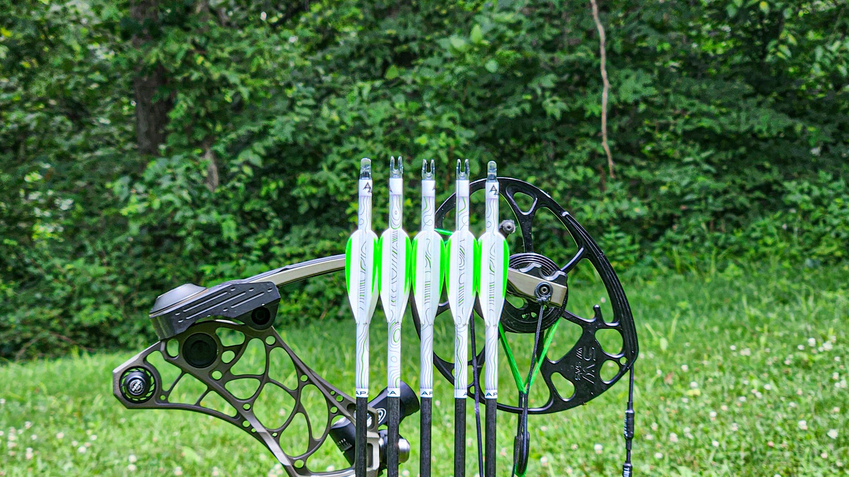 Compound bow with arrows on a stand in a grassy area with trees